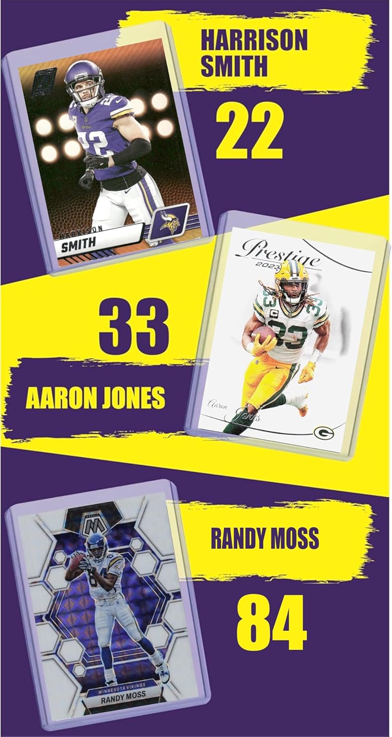 Chaser Minnesota Vikings Cards: J.J. McCarthy, Jordan Addison, Justin Jefferson, Harrison Smith, Aaron Jones, T.J. Hockenson, Adrian Peterson, Cris Carter, Randy Moss, and Jonathan Greenard ASSORTED Football Stars & GOATs Trading Card & Wristbands Gift Pack - Image 3